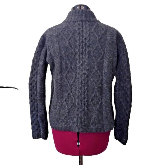 Inis Crafts Merino Wool Fisherman Sweater L Grey Cable Knit Full Zip Ireland - Picture 2 of 6